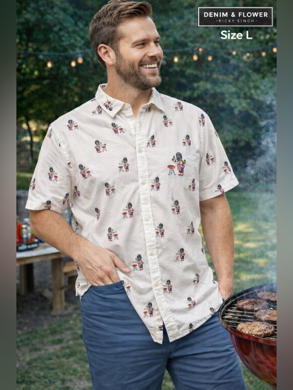 Denim & Flower Ricky Singh BBQ Print Shirt USA Flag Cotton Mens sz large novelty